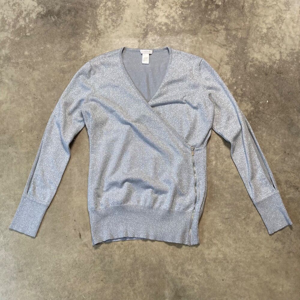 CACHE Sweater Womens Large Silver‎ Lurex Metallic Faux Wrap Zipper Holiday